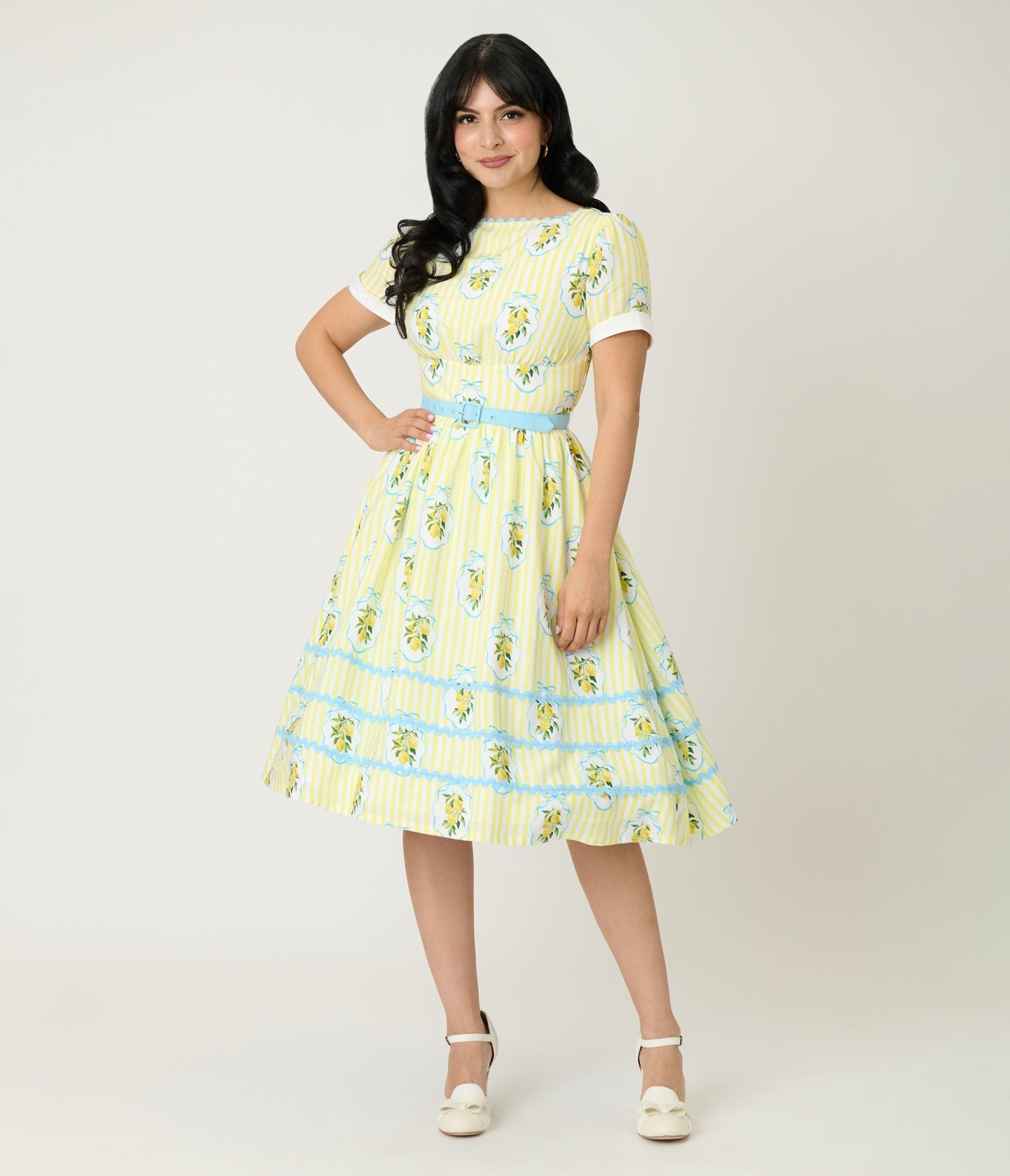 Unique Vintage Yellow Lemon Striped Swing Dress - Unique Vintage - Womens, DRESSES, SWING