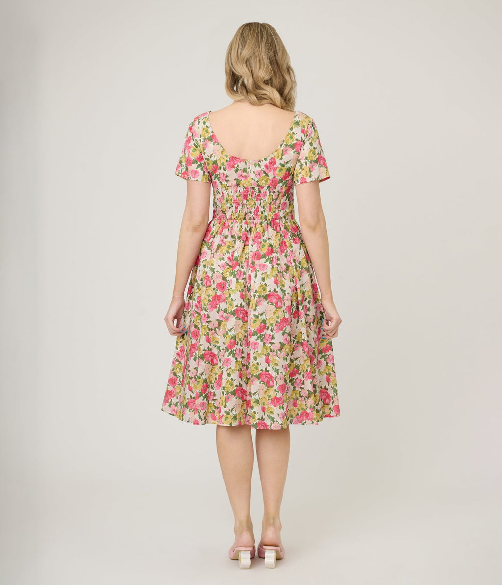 Unique Vintage Yellow & Pink Floral Cotton Swing Dress - Unique Vintage - Womens, DRESSES, SWING