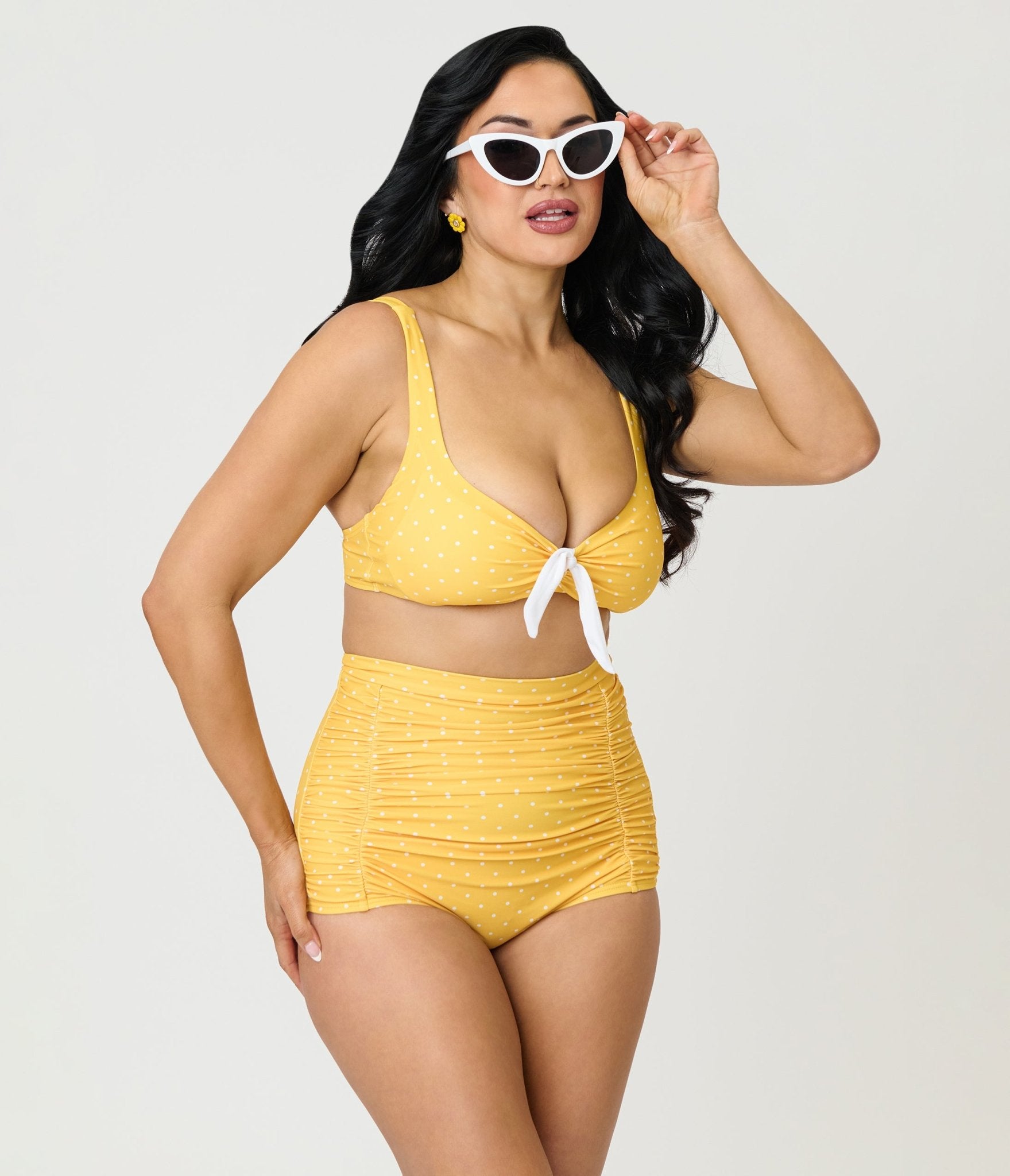 Unique Vintage Yellow & White Pin Dot Monroe High Waist Swim Bottom - Unique Vintage - Womens, SWIM, BOTTOM