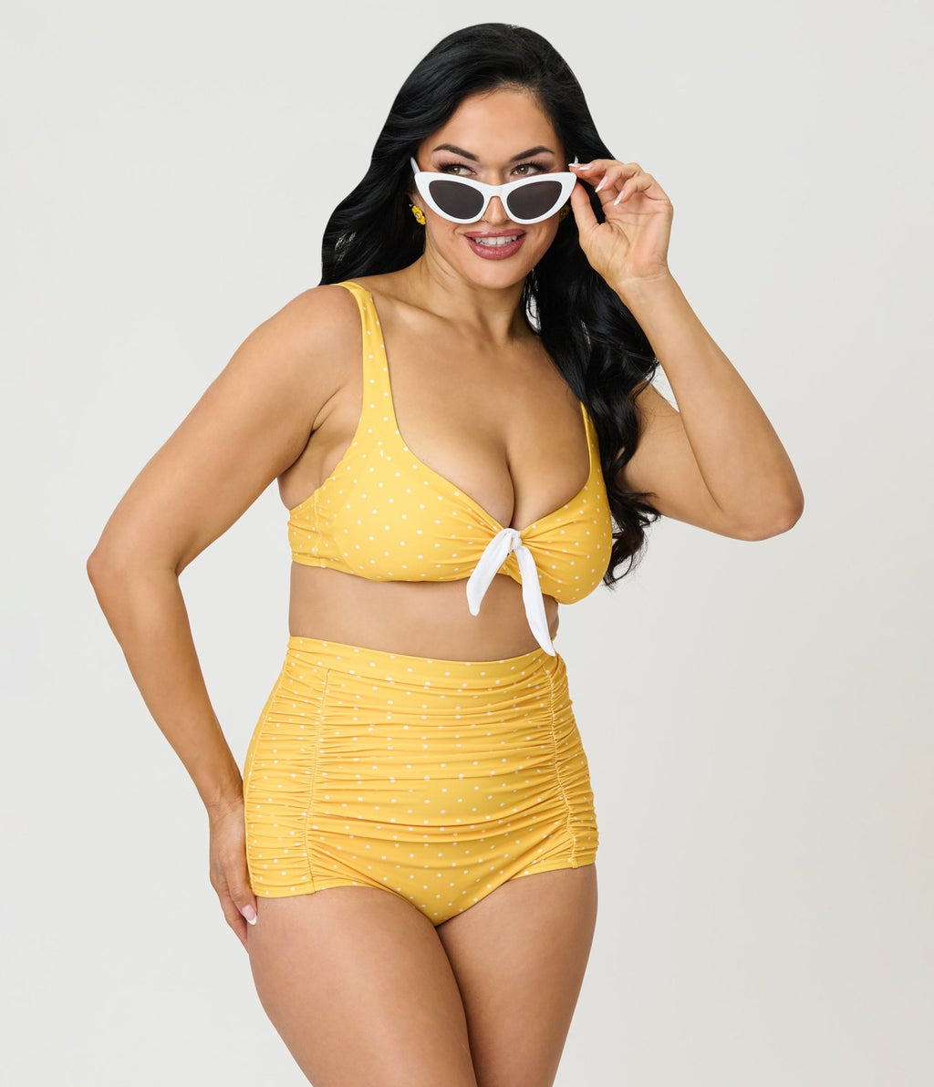 Unique Vintage Yellow & White Pin Dot Swim Top - Unique Vintage - Womens, SWIM, TOP