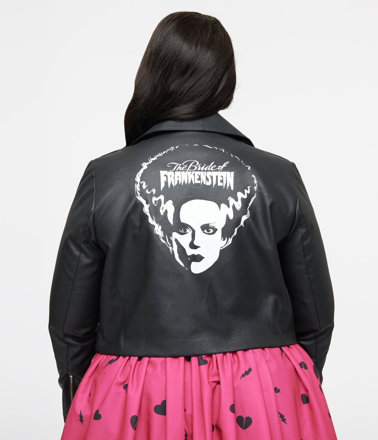 Universal Monsters x Unique Vintage Plus Size Black & White Bride of Frankenstein Leather Jacket - Unique Vintage - OUTERWEAR