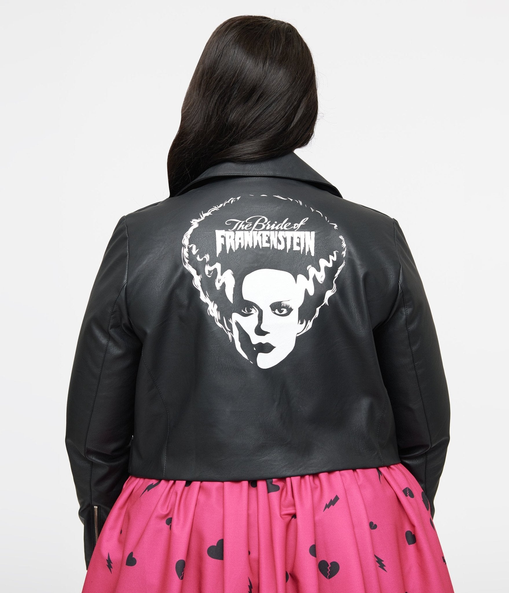Universal Monsters x Unique Vintage Plus Size Black & White Bride of Frankenstein Leather Jacket - Unique Vintage - OUTERWEAR