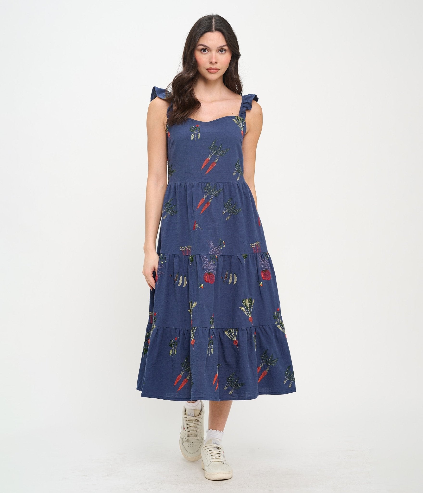 Veggie Garden Embroidered Cotton Midi Dress - Unique Vintage - Womens, DRESSES, MIDI