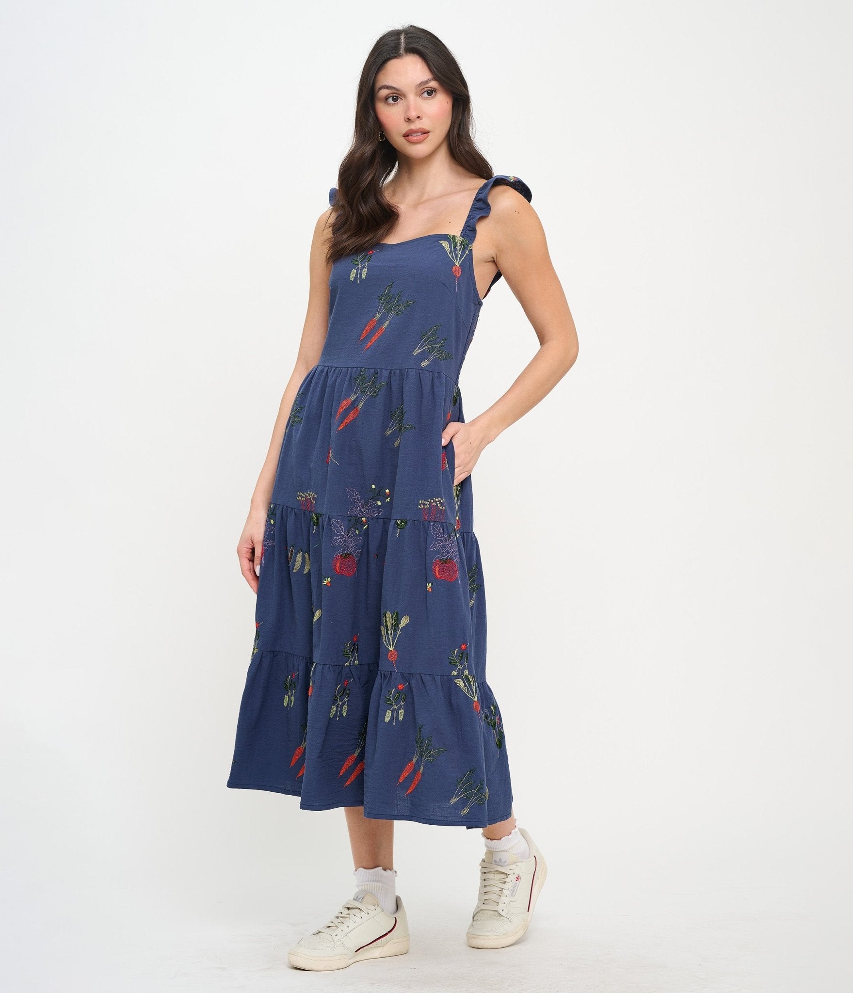 Veggie Garden Embroidered Cotton Midi Dress - Unique Vintage - Womens, DRESSES, MIDI