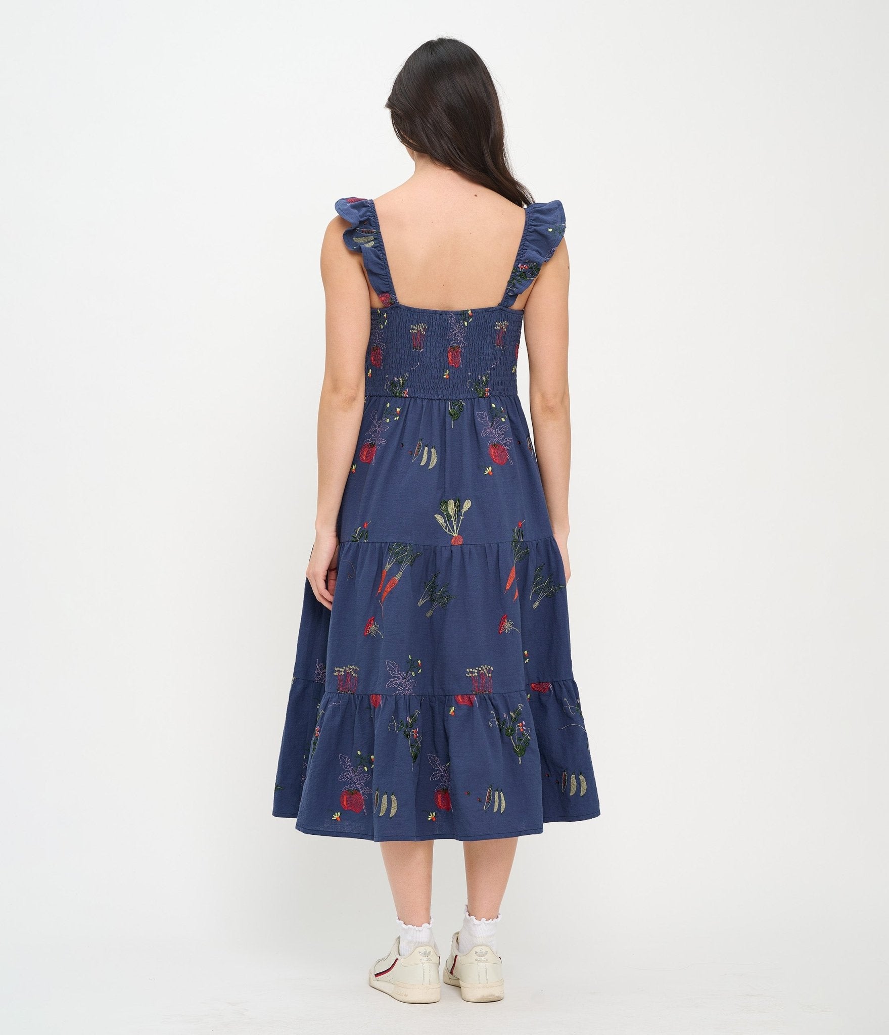 Veggie Garden Embroidered Cotton Midi Dress - Unique Vintage - Womens, DRESSES, MIDI