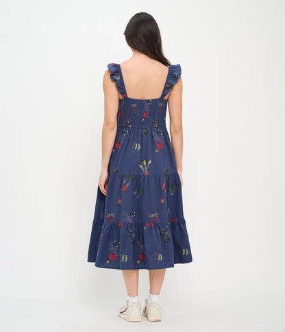 Veggie Garden Embroidered Cotton Midi Dress - Unique Vintage - Womens, DRESSES, MIDI