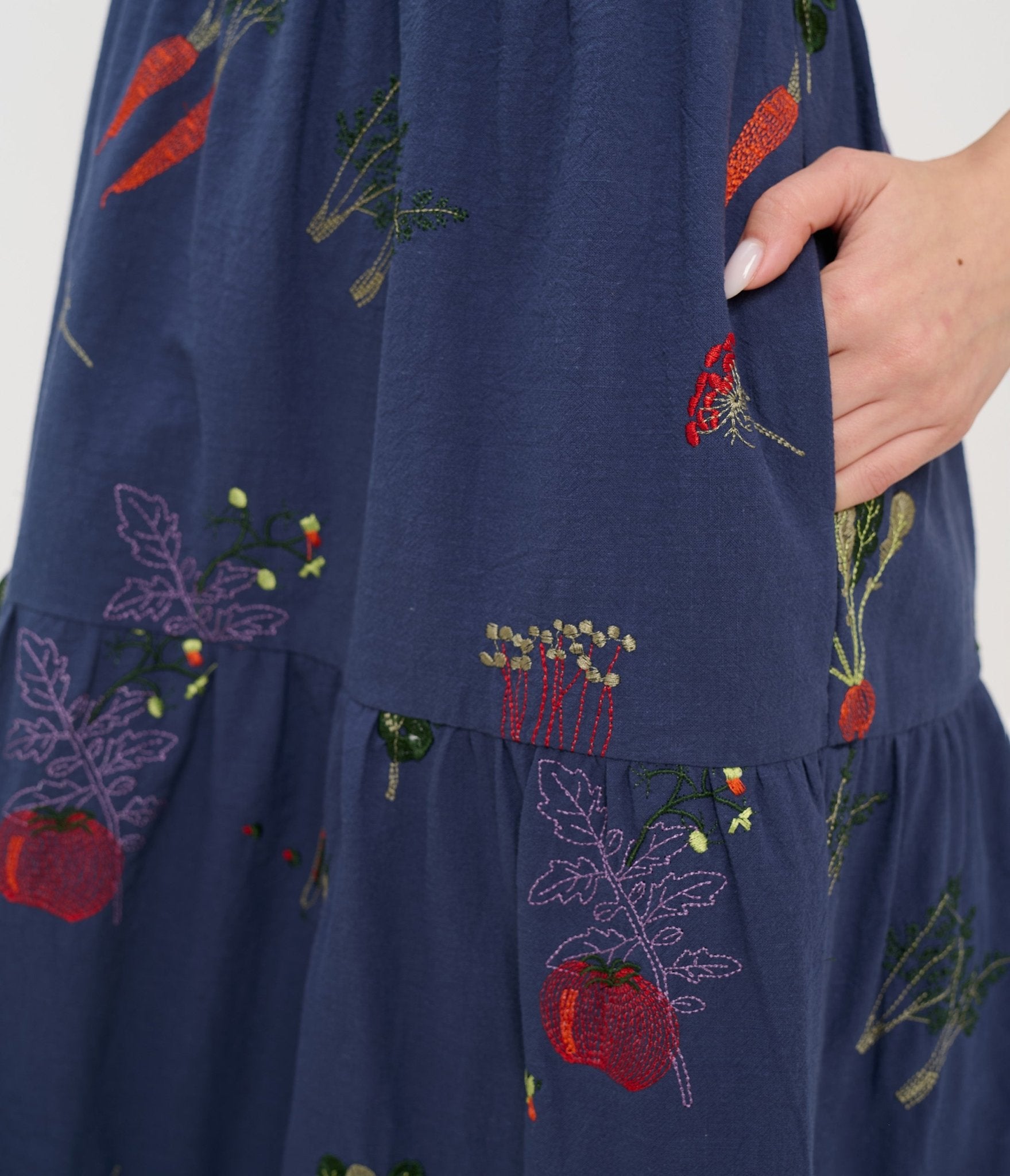 Veggie Garden Embroidered Cotton Midi Dress - Unique Vintage - Womens, DRESSES, MIDI