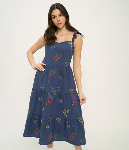 Veggie Garden Embroidered Cotton Midi Dress - Unique Vintage - Womens, DRESSES, MIDI