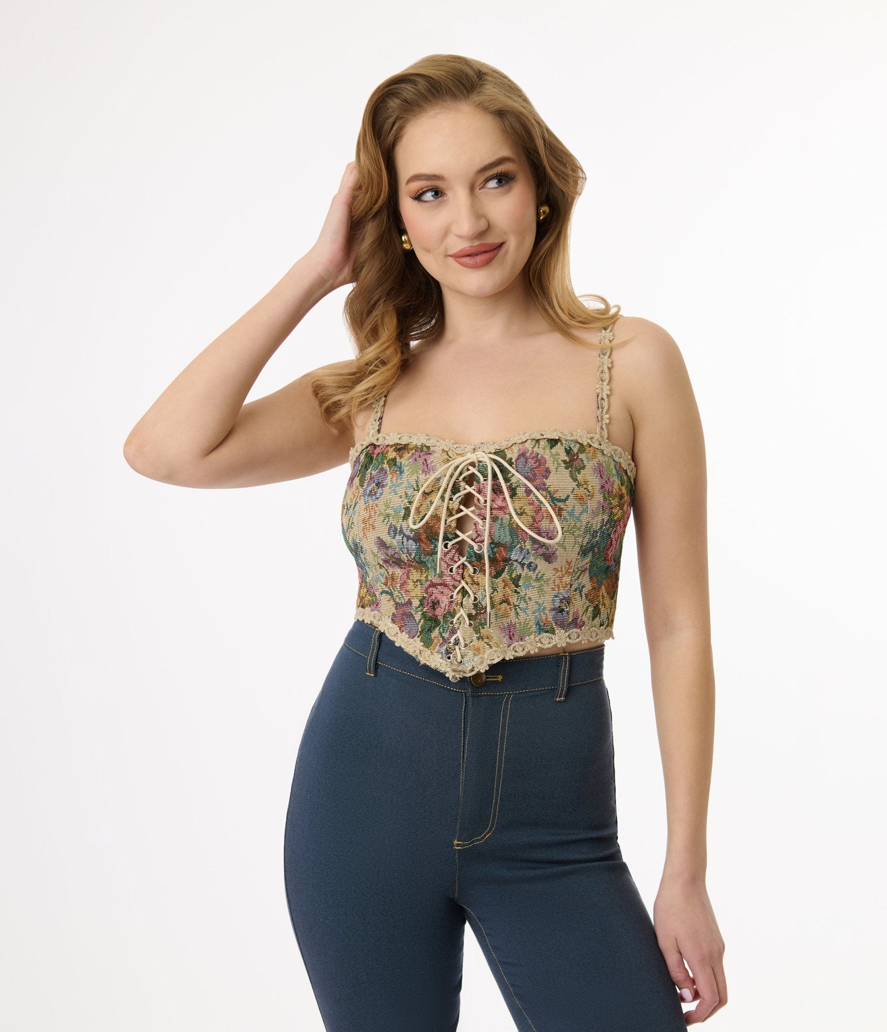 Victorian Style Floral Lace Up Corset - Unique Vintage - Womens, TOPS, BODYSUITS