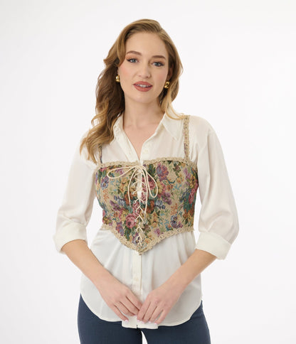 Victorian Style Floral Lace Up Corset - Unique Vintage - Womens, TOPS, BODYSUITS