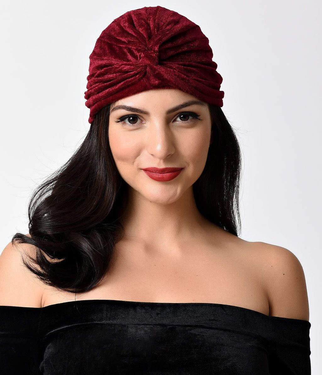 Vintage Style Burgundy Velvet Knotted Turban - Unique Vintage - Womens, ACCESSORIES, HAIR