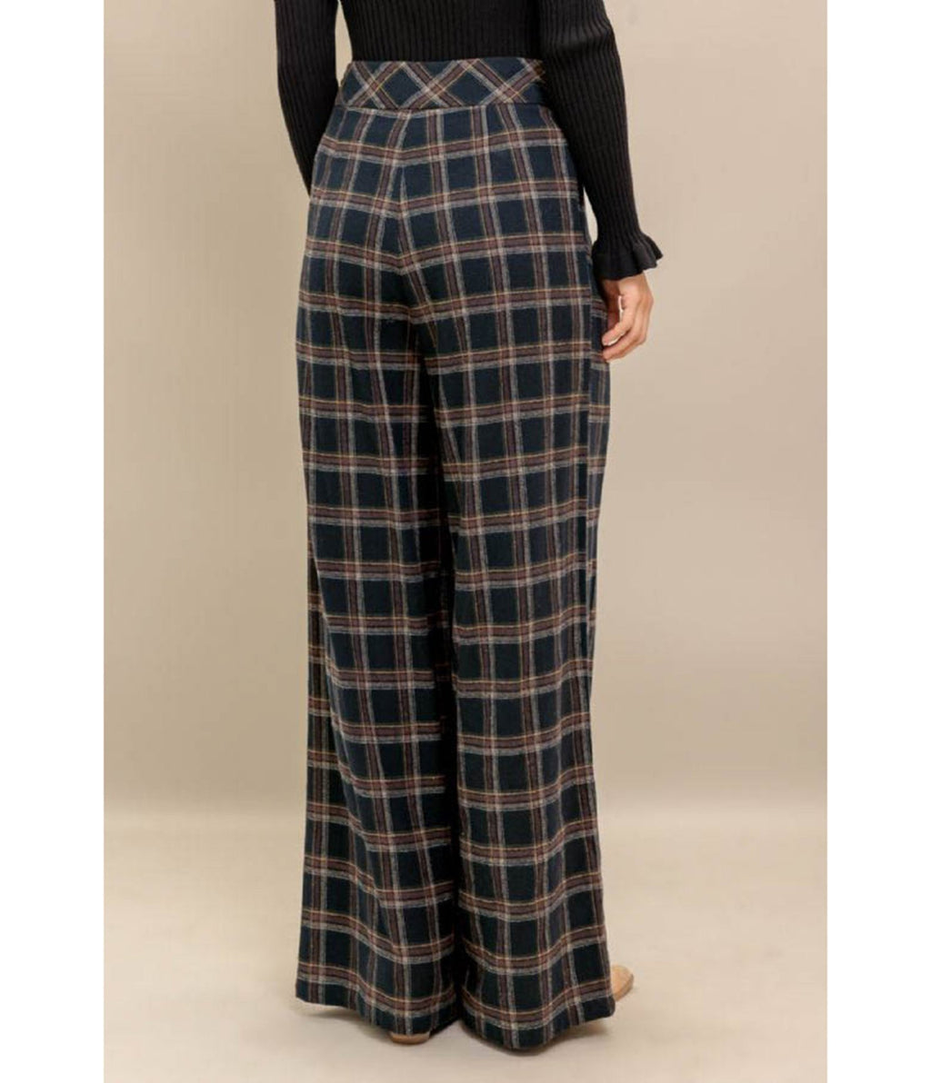 Vintage Style Navy Plaid Woven Trousers - Unique Vintage - Womens, BOTTOMS, PANTS