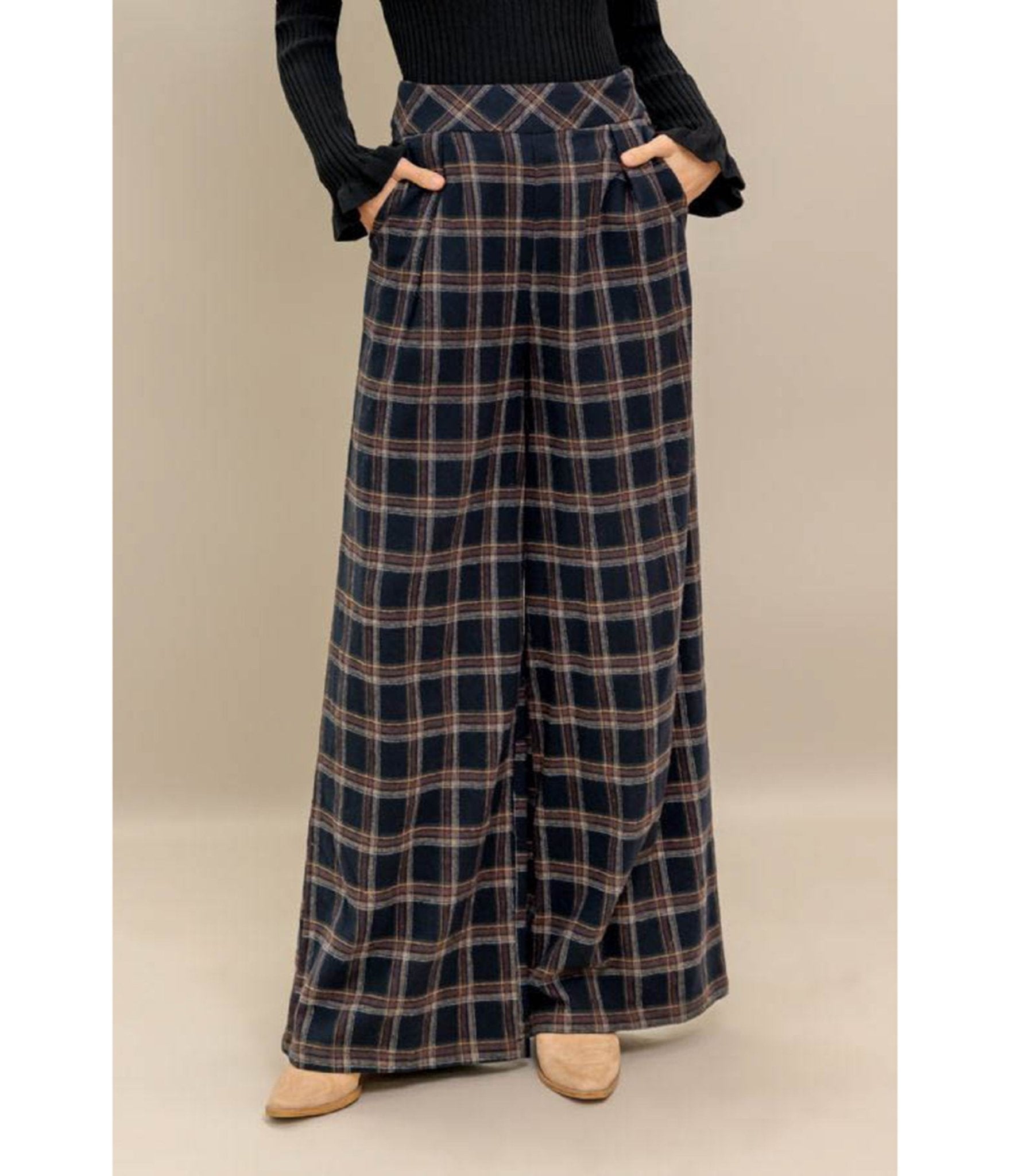 Vintage Style Navy Plaid Woven Trousers