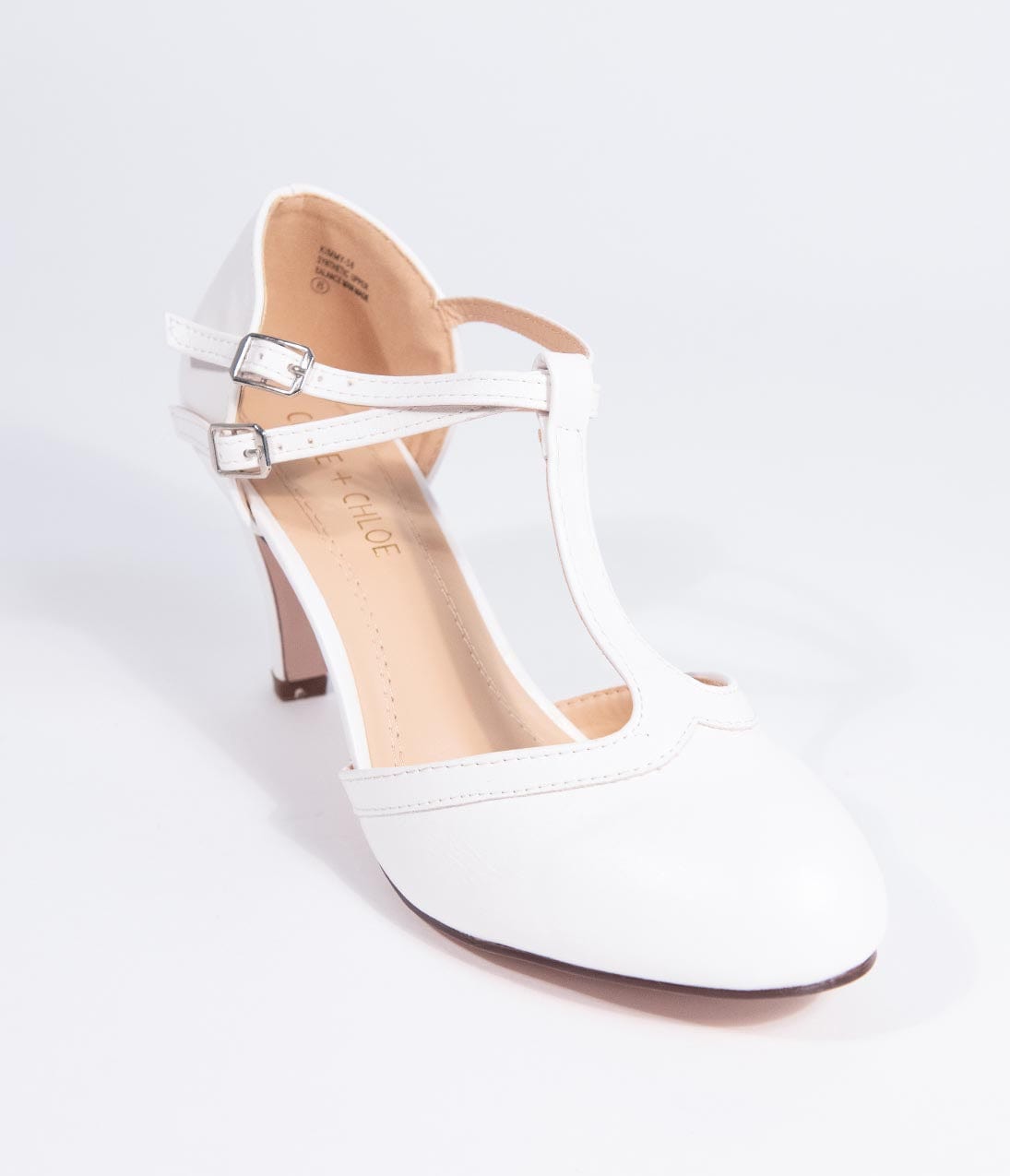 Vintage Style White Leatherette Round Toe T-Strap Heels - Unique Vintage - Womens, SHOES, HEELS