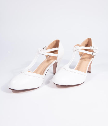 Vintage Style White Leatherette Round Toe T-Strap Heels - Unique Vintage - Womens, SHOES, HEELS