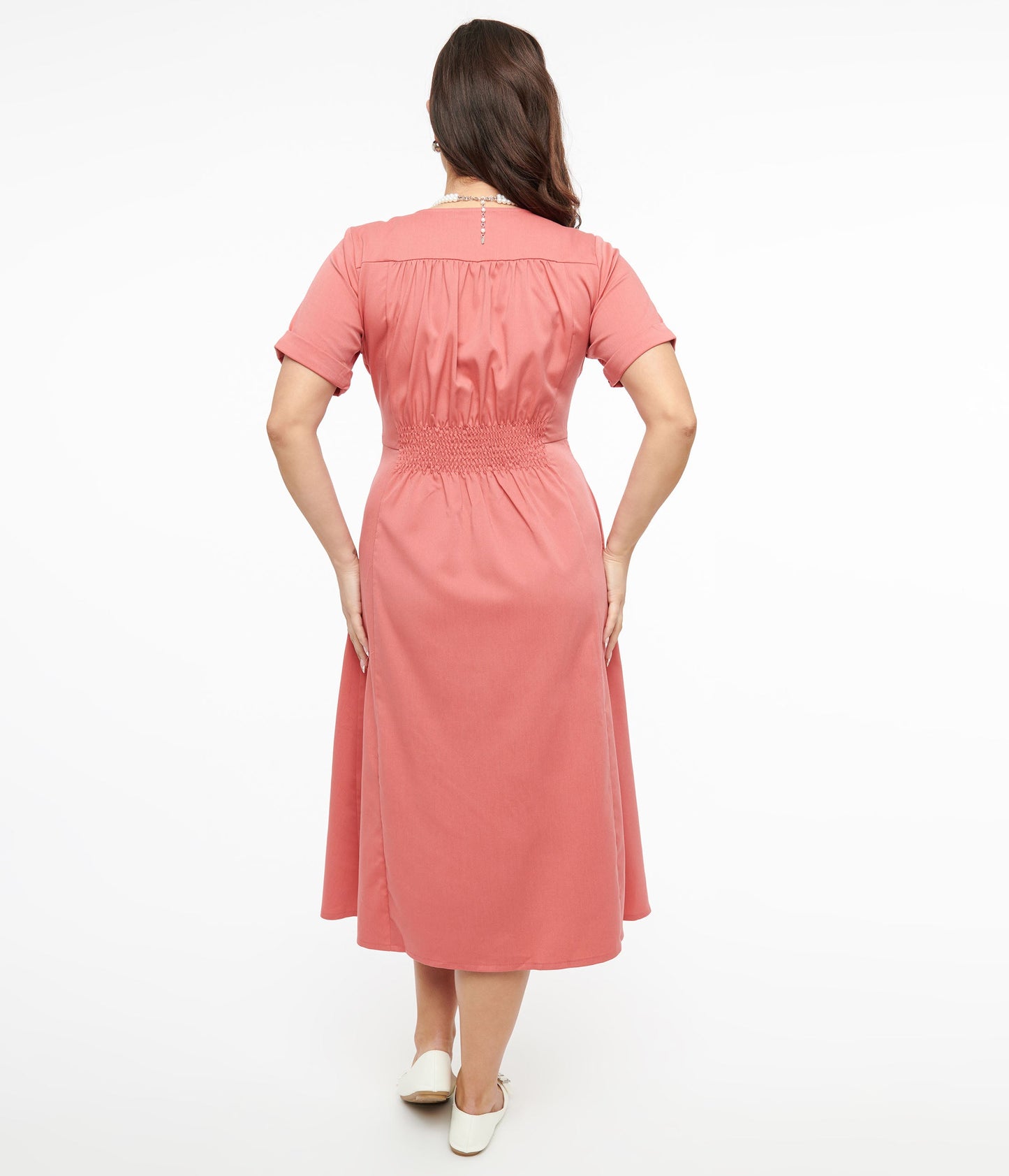 Voodoo Vixen 1940s Pink Midi Shirt Dress - Unique Vintage - Womens, DRESSES, FIT AND FLARE