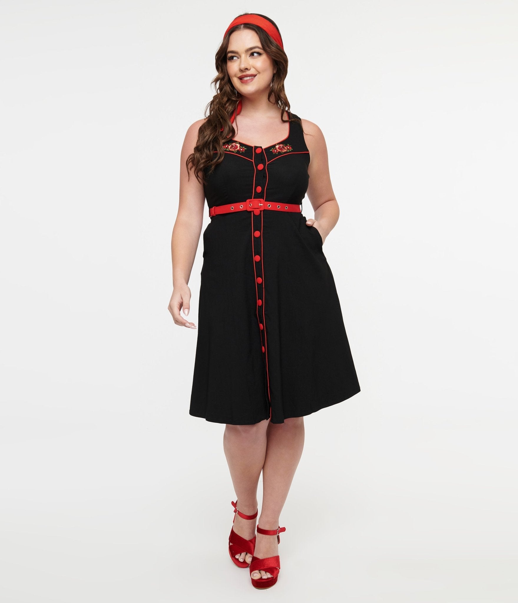 Voodoo Vixen 1950s Black & Red Western Rose Swing Dress - Unique Vintage - Womens, DRESSES, SWING