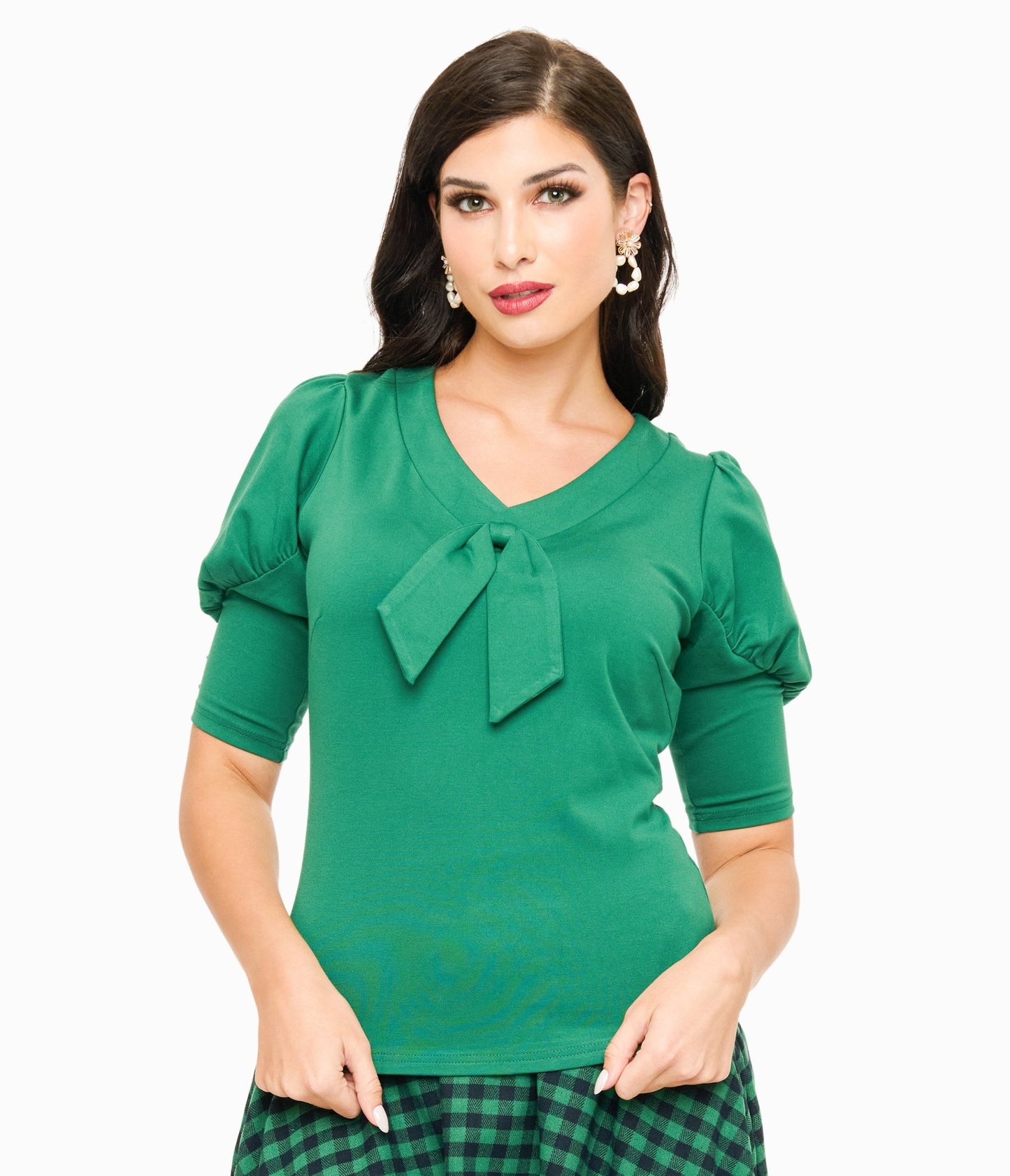 Voodoo Vixen 1950s Green Front Tie Jersery Knit Top - Unique Vintage - Womens, TOPS, WOVEN TOPS