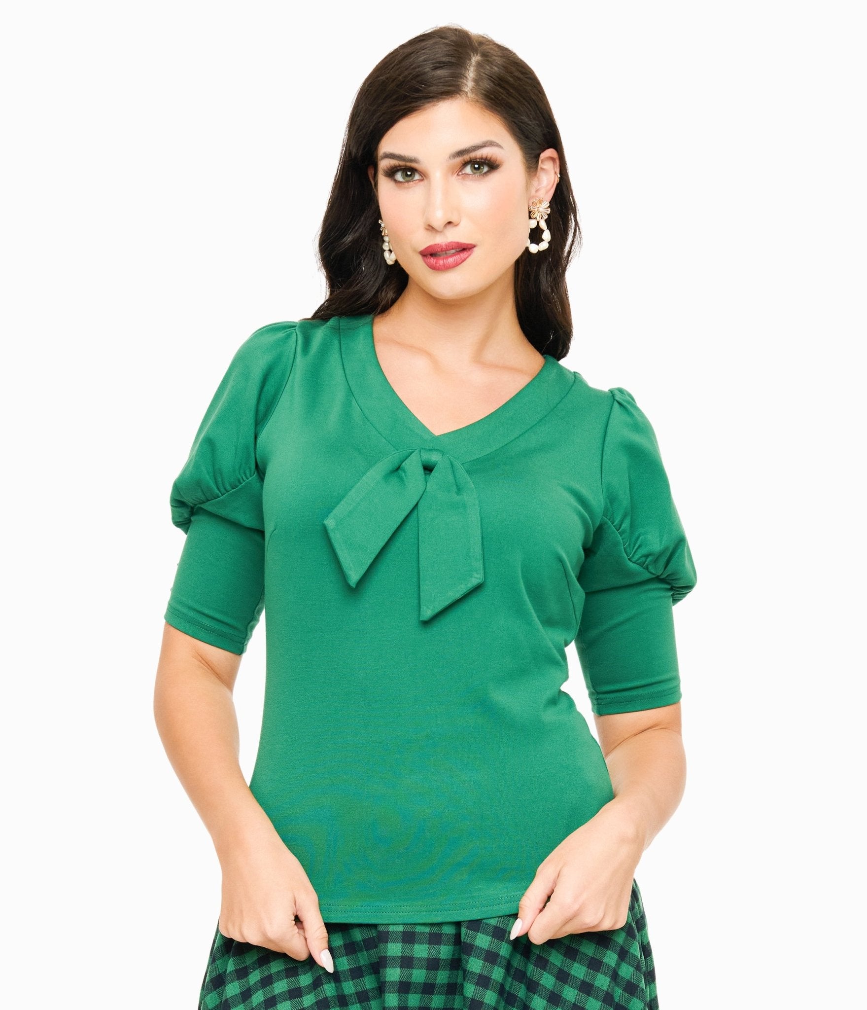 Voodoo Vixen 1950s Green Front Tie Jersery Knit Top - Unique Vintage - Womens, TOPS, WOVEN TOPS