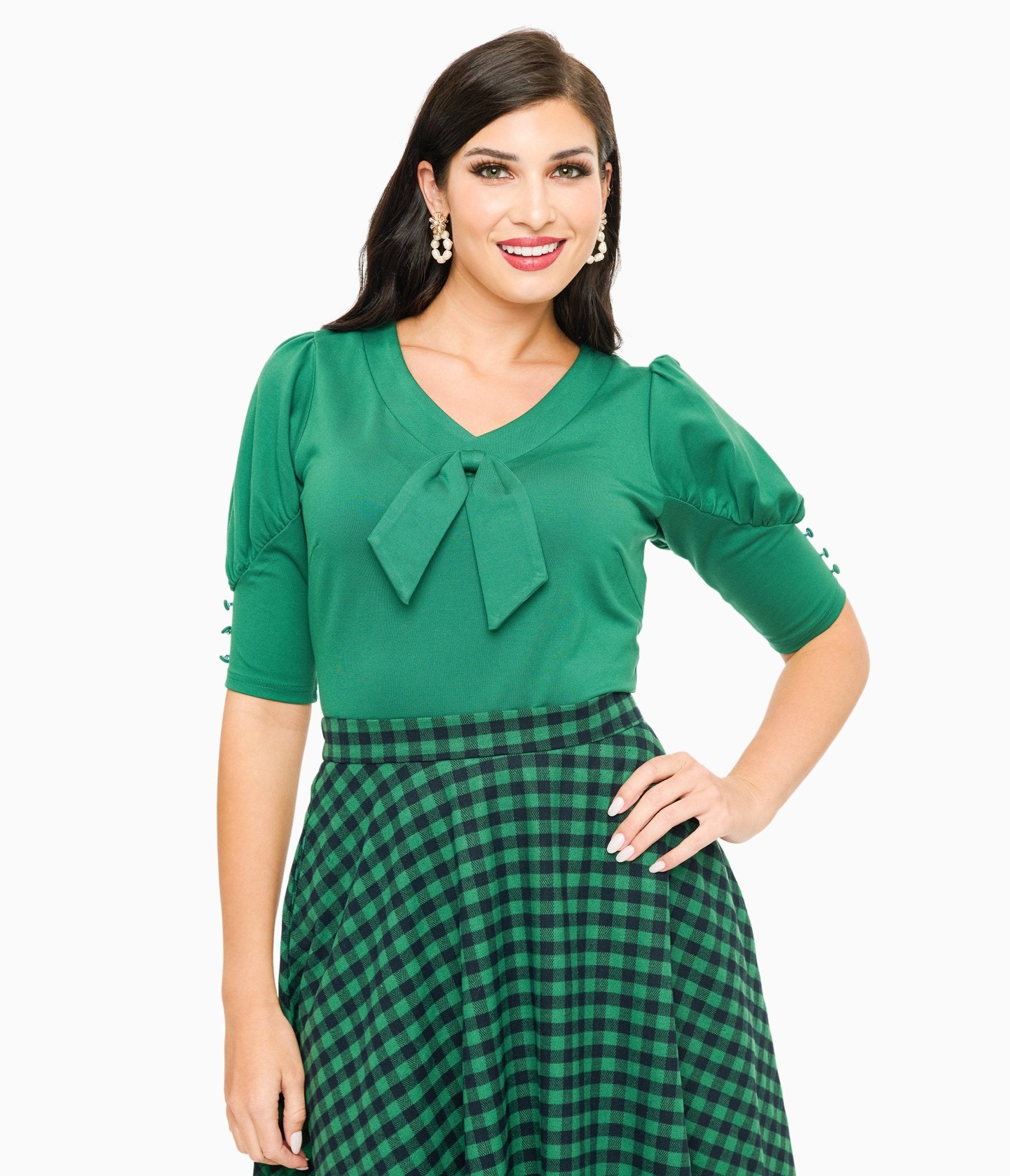 Voodoo Vixen 1950s Green Front Tie Jersery Knit Top - Unique Vintage - Womens, TOPS, WOVEN TOPS