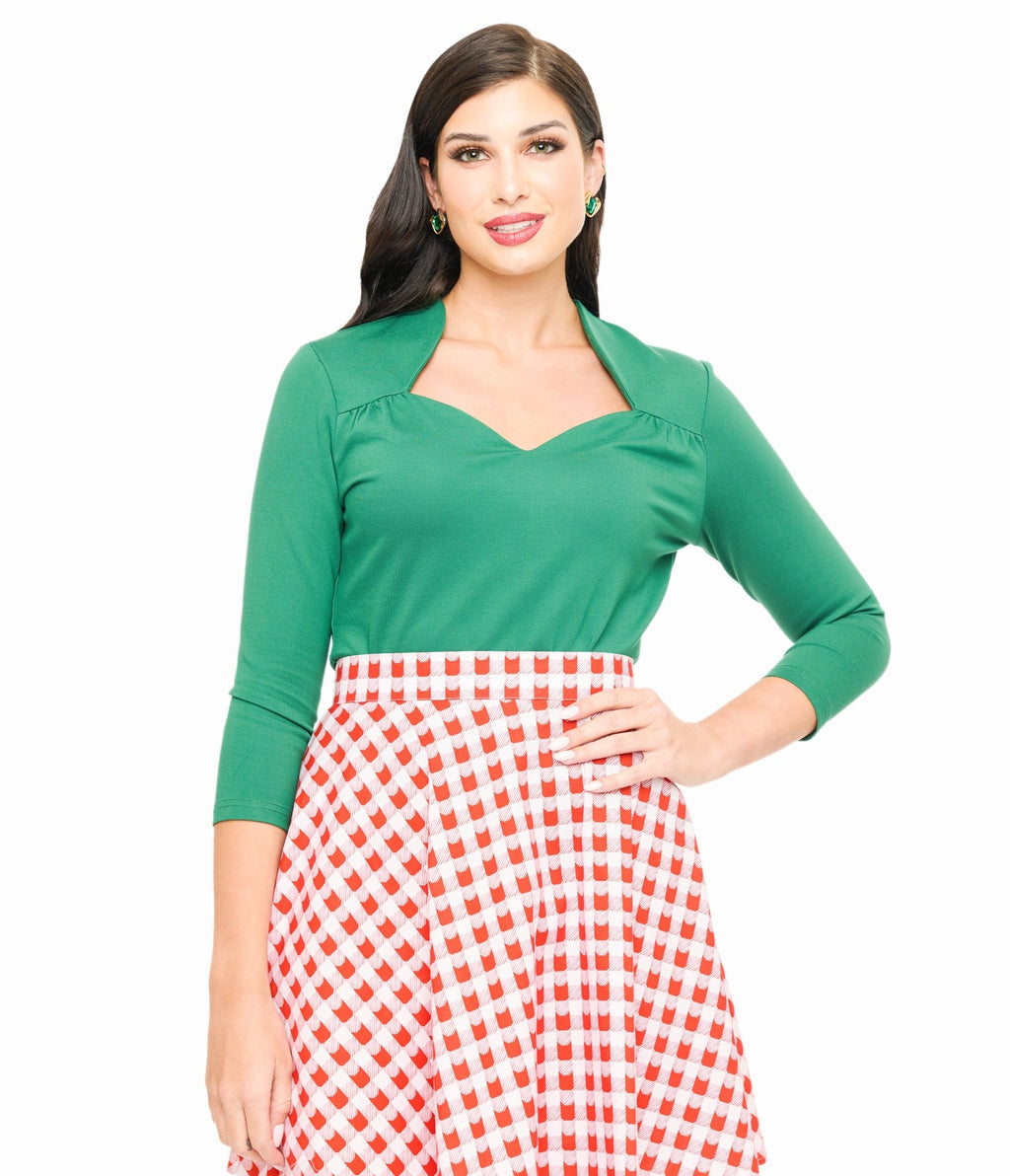 Voodoo Vixen 1950s Green Jersery Knit Top - Unique Vintage - Womens, TOPS, KNIT TOPS