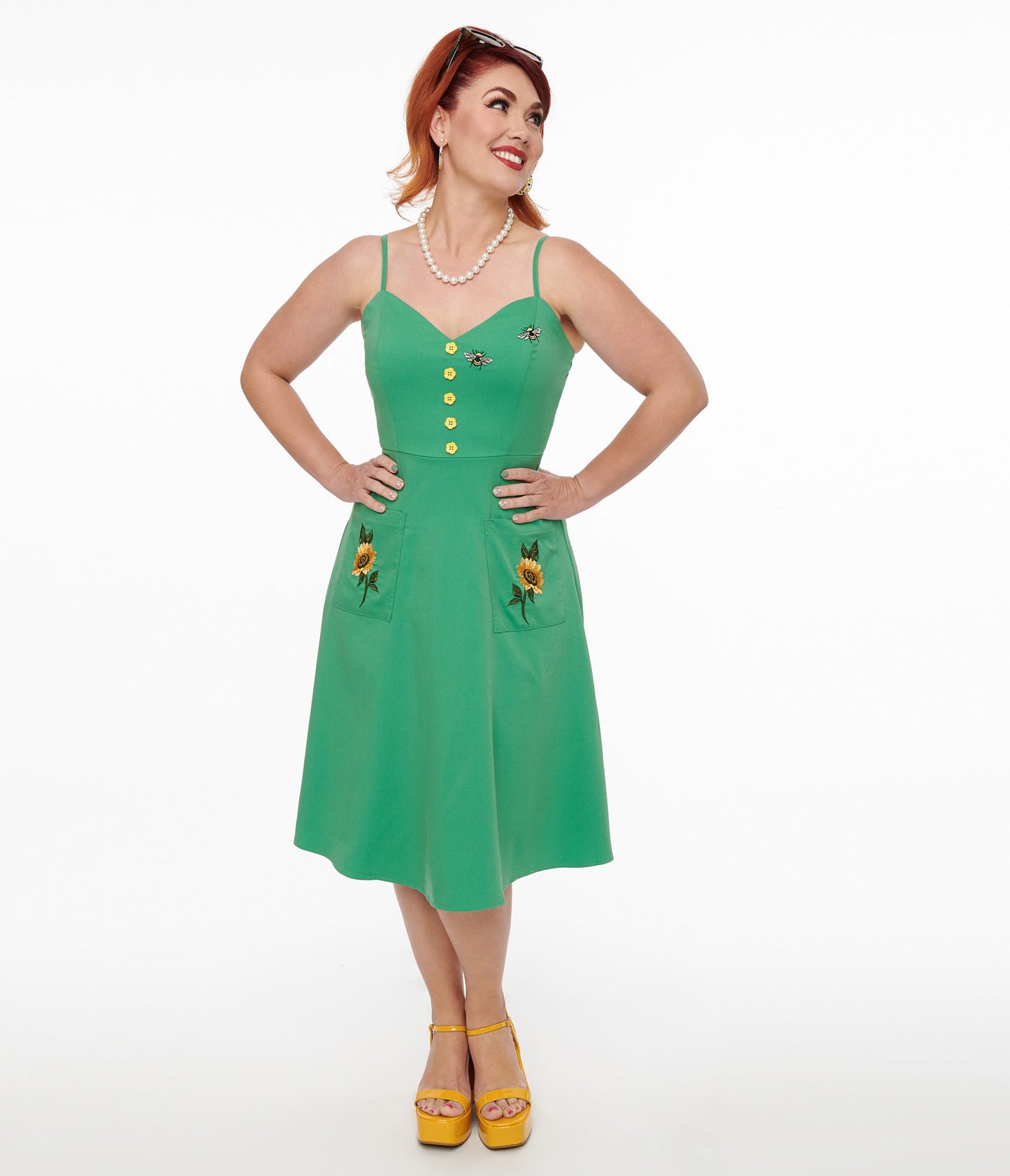 Voodoo Vixen 1950s Green Sunflower & Bee Embroidered Fit & Flare Dress - Unique Vintage - Womens, DRESSES, FIT AND FLARE
