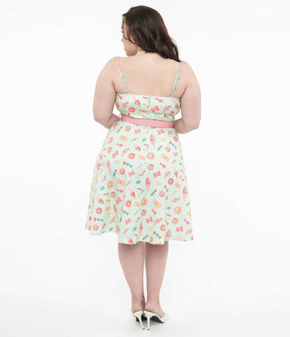 Voodoo Vixen 1950s Mint Green Sweet Tooth Print Fit & Flare Dress - Unique Vintage - Womens, DRESSES, SWING