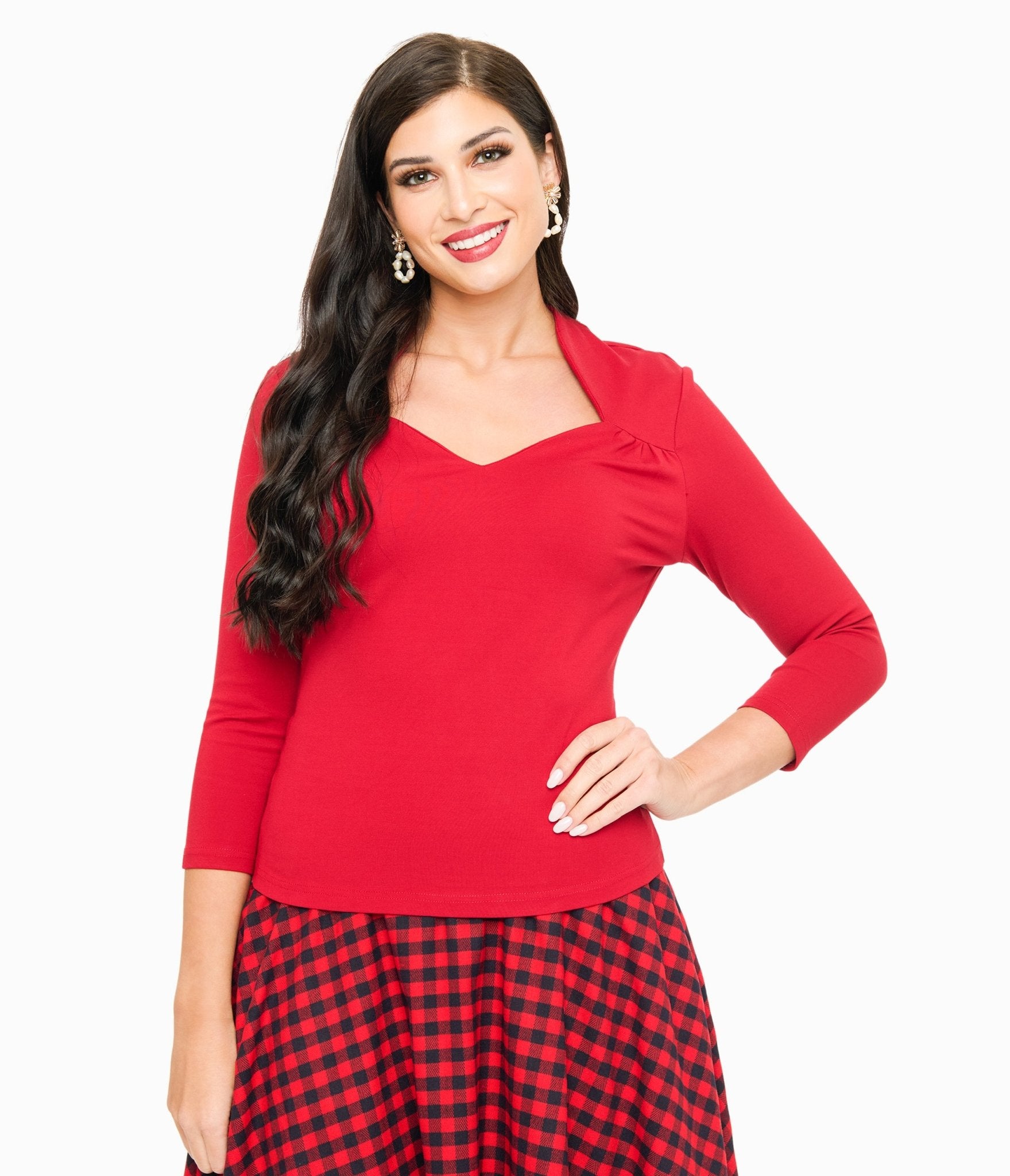 Voodoo Vixen 1950s Red Jersery Knit Top - Unique Vintage - Womens, TOPS, WOVEN TOPS