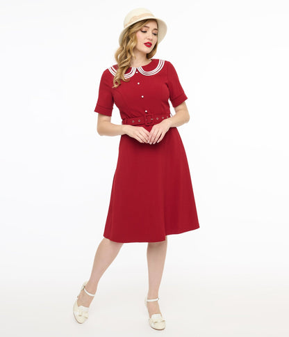 Voodoo Vixen 1950s Red Layered Collar Fit & Flare Dress - Unique Vintage - Womens, DRESSES, SWING
