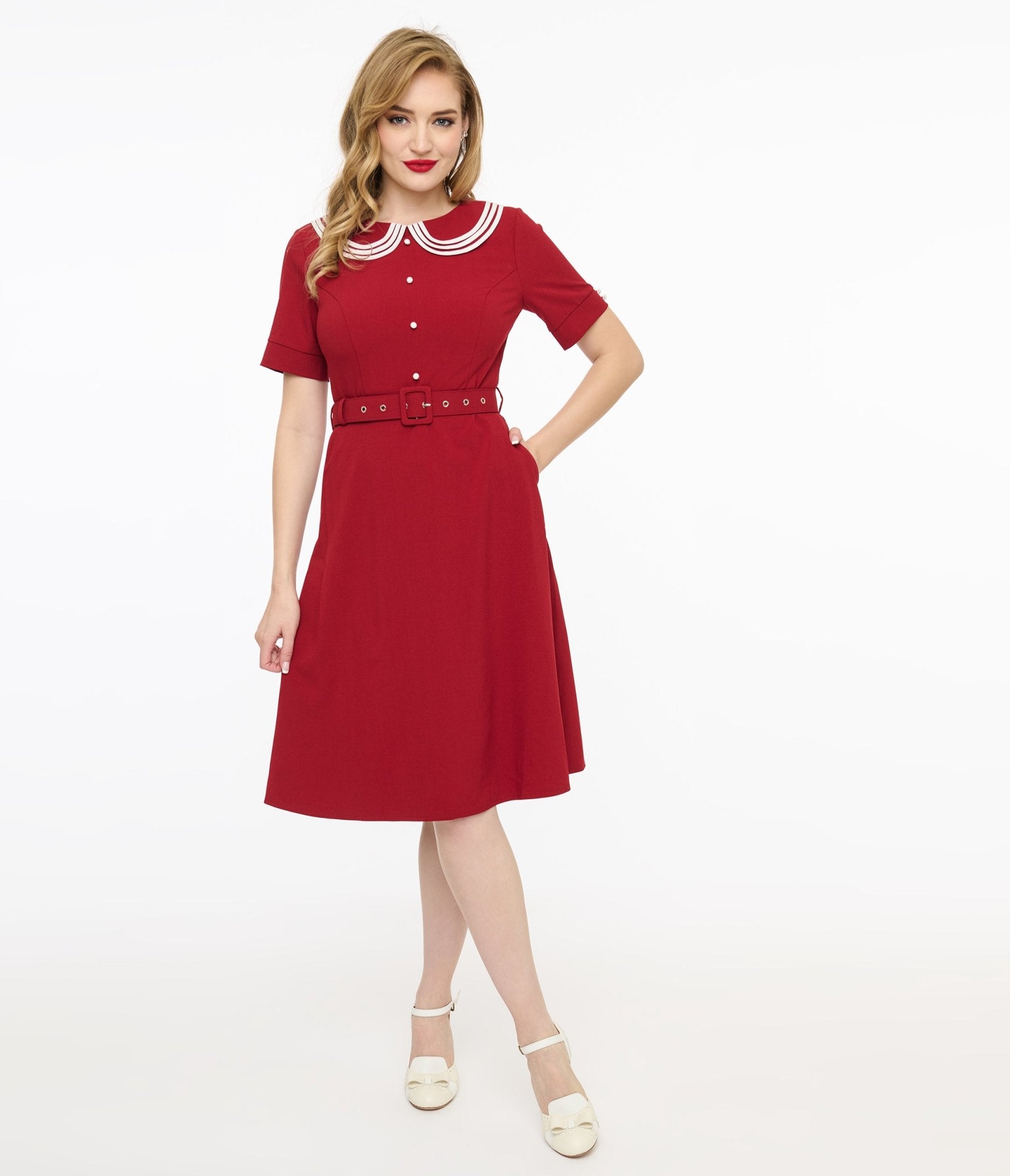 Voodoo Vixen 1950s Red Layered Collar Fit & Flare Dress - Unique Vintage - Womens, DRESSES, SWING