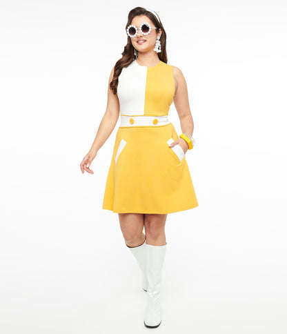 Voodoo Vixen 1960's Yellow & White Panel Mini Dress - Unique Vintage - Womens, DRESSES, SHIFTS