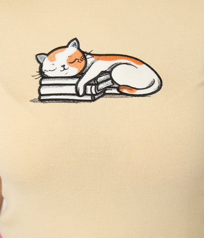 Voodoo Vixen Beige Cat Asleep On A Book Knit Top - Unique Vintage - Womens, TOPS, KNIT TOPS
