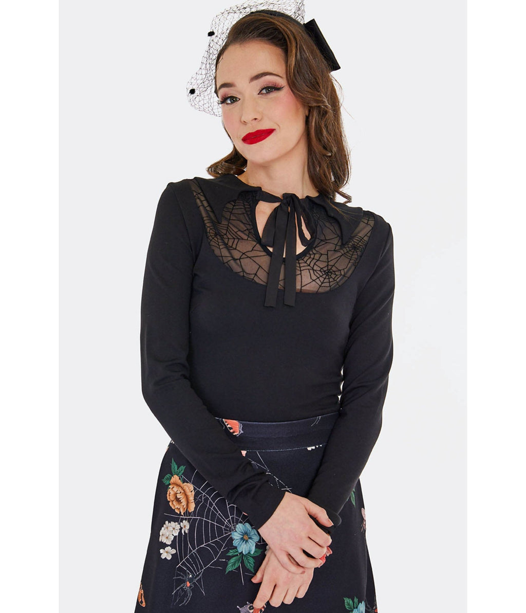 Voodoo Vixen Black Bat Collar Web Lace Top - Unique Vintage - Womens, TOPS, WOVEN TOPS