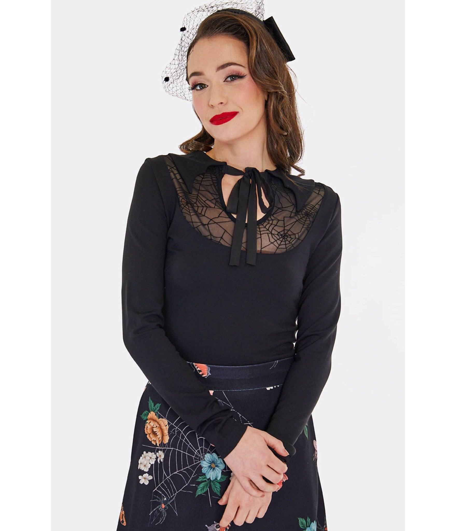 Voodoo Vixen Black Bat Collar Web Lace Top - Unique Vintage - Womens, TOPS, WOVEN TOPS