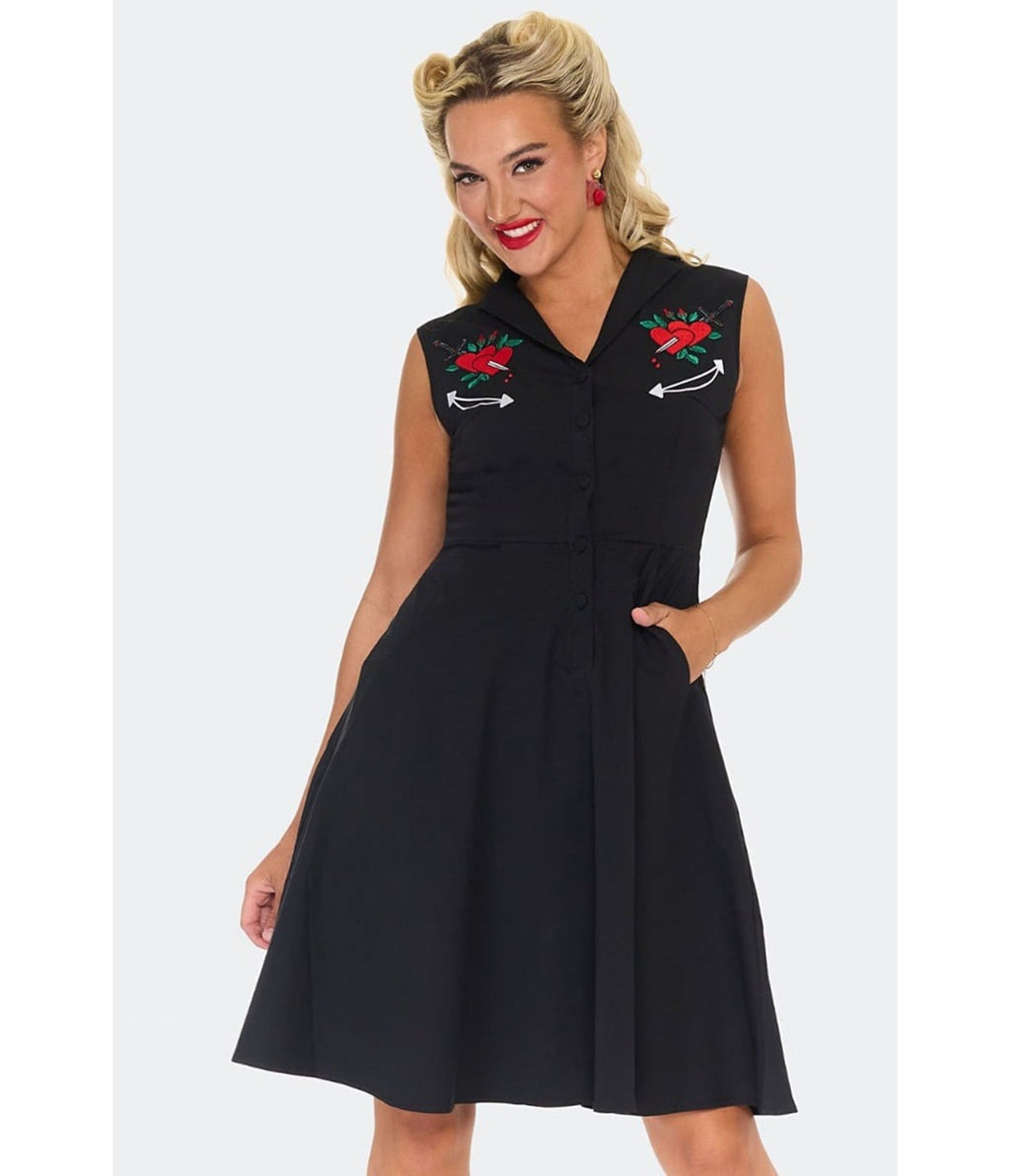 Voodoo Vixen Black Heart & Dagger Flare Dress - Unique Vintage - Womens, DRESSES, FIT AND FLARE
