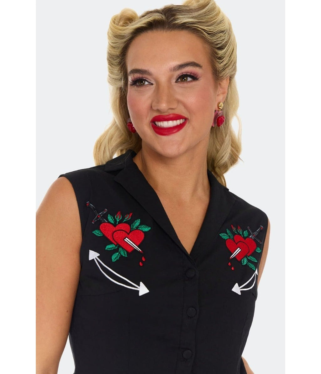 Voodoo Vixen Black Heart & Dagger Flare Dress - Unique Vintage - Womens, DRESSES, FIT AND FLARE