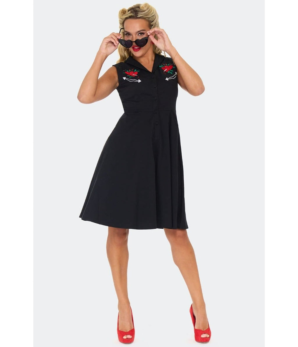 Voodoo Vixen Black Heart & Dagger Flare Dress - Unique Vintage - Womens, DRESSES, FIT AND FLARE