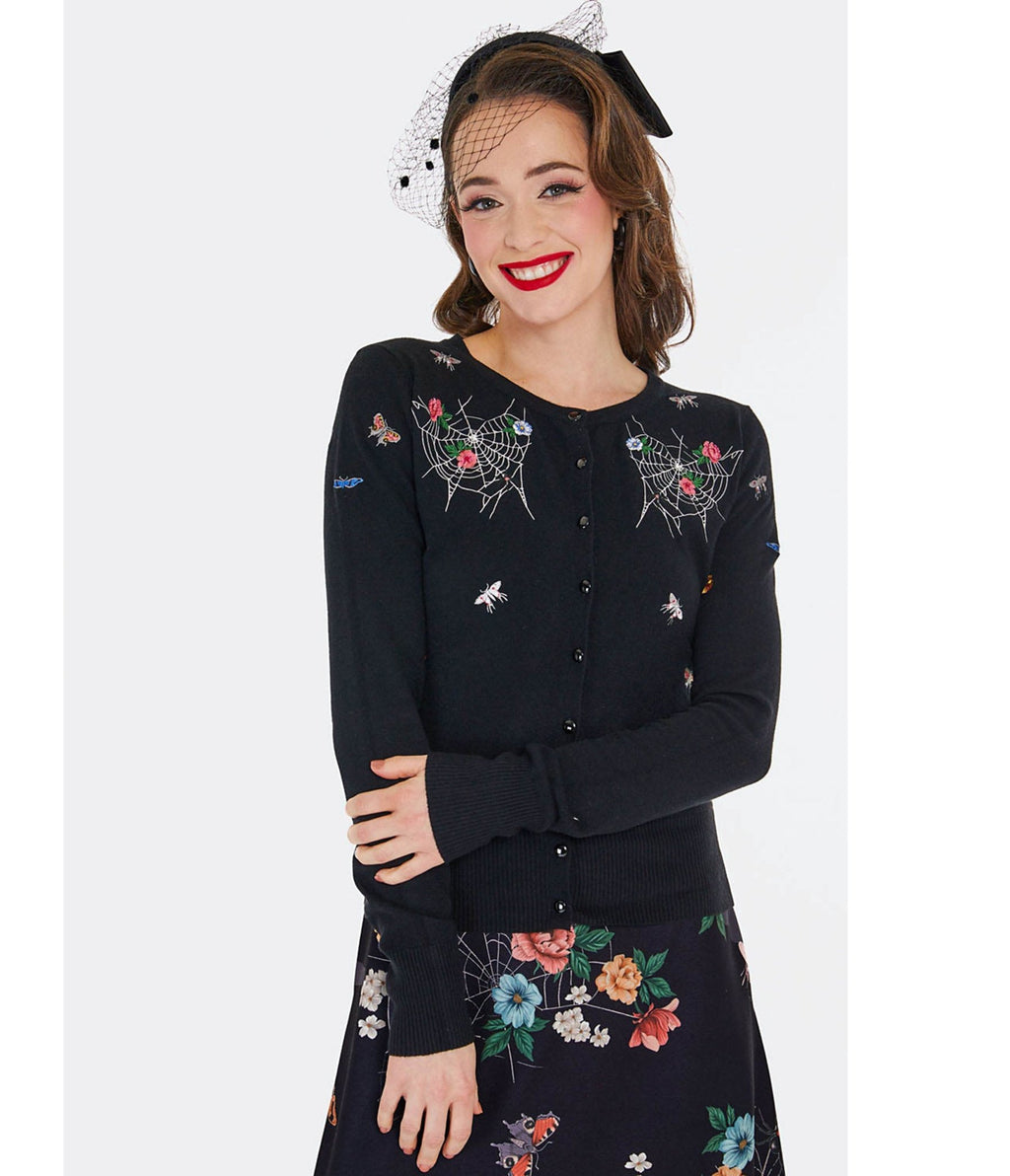 Voodoo Vixen Black Moth Embroidered Cardigan - Unique Vintage - Womens, TOPS, SWEATERS
