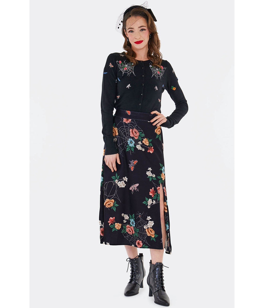 Voodoo Vixen Black Moth Embroidered Cardigan - Unique Vintage - Womens, TOPS, SWEATERS