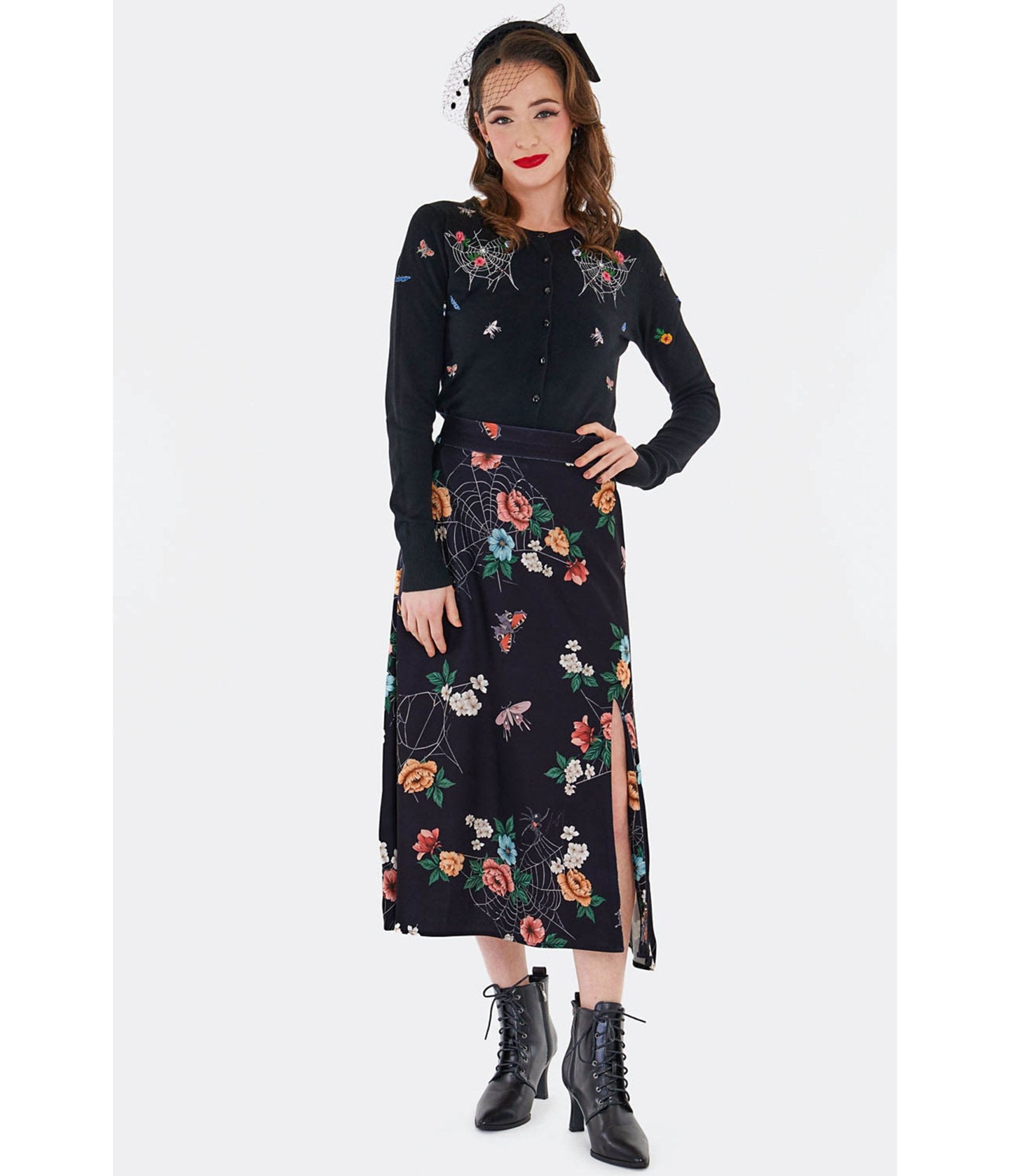 Voodoo Vixen Black Moth Embroidered Cardigan - Unique Vintage - Womens, TOPS, SWEATERS