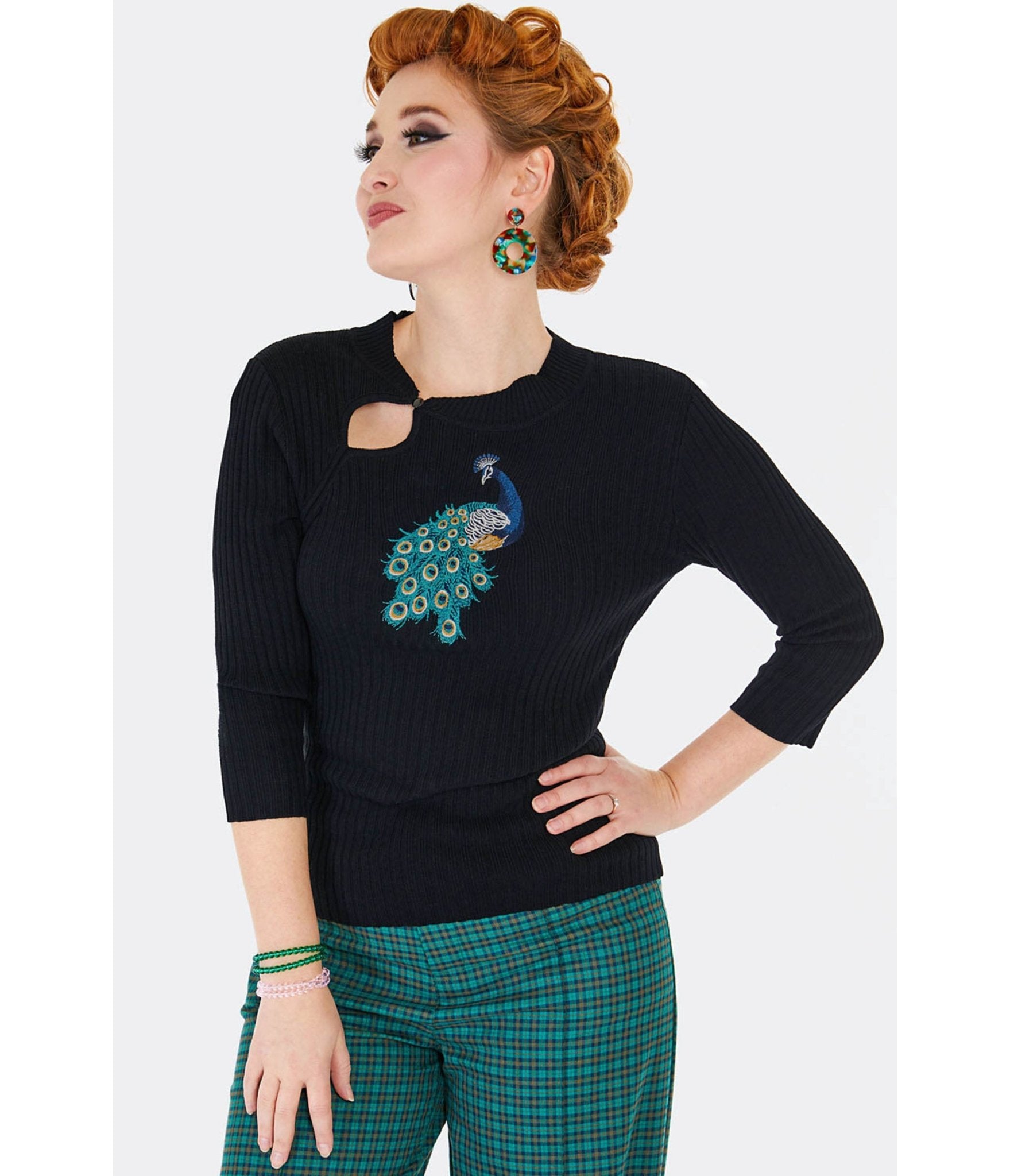 Voodoo Vixen Black Peacock Keyhole Sweater - Unique Vintage - Womens, TOPS, SWEATERS