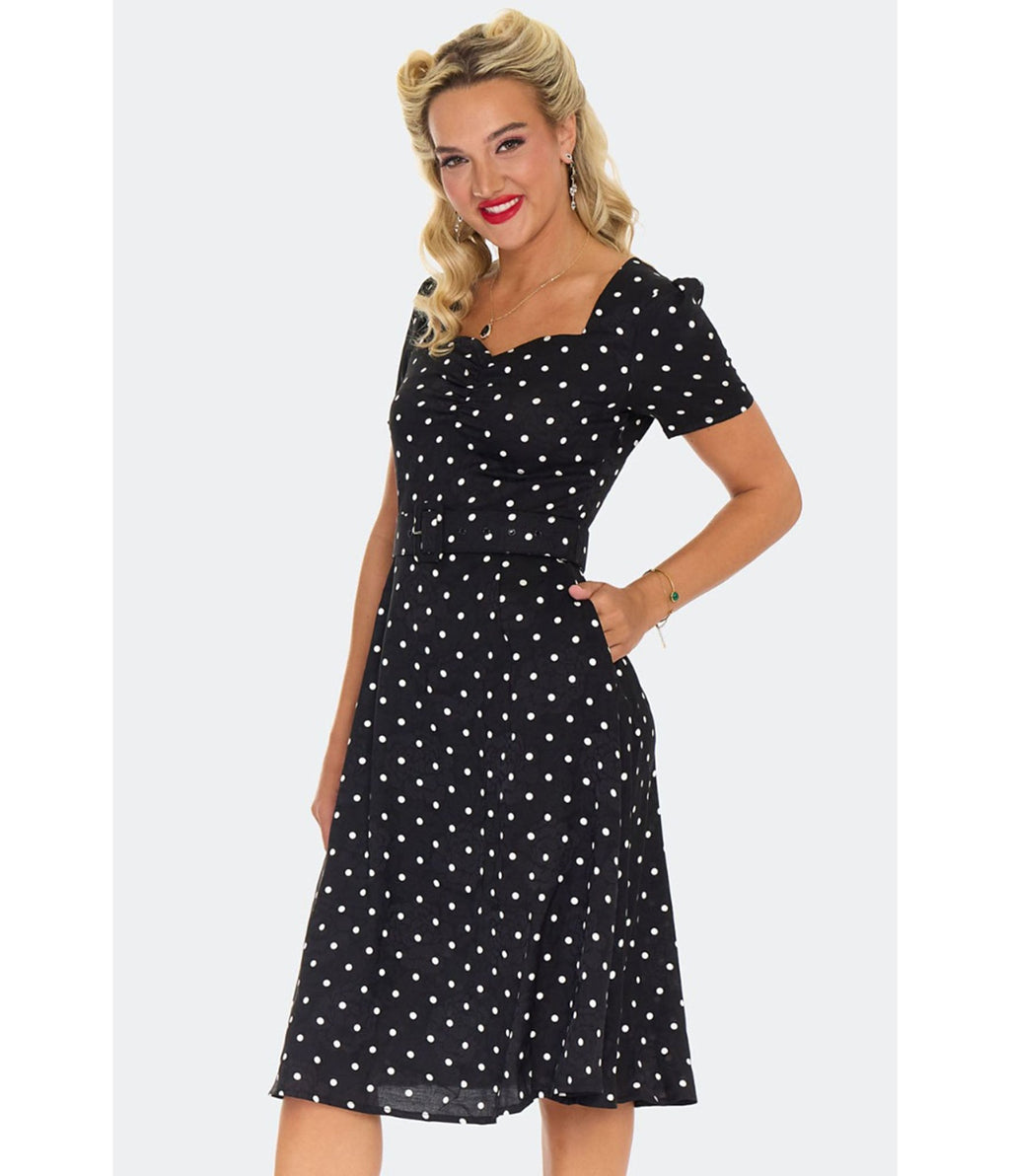 Voodoo Vixen Black Polka Dot Flare Dress - Unique Vintage - Womens, DRESSES, FIT AND FLARE