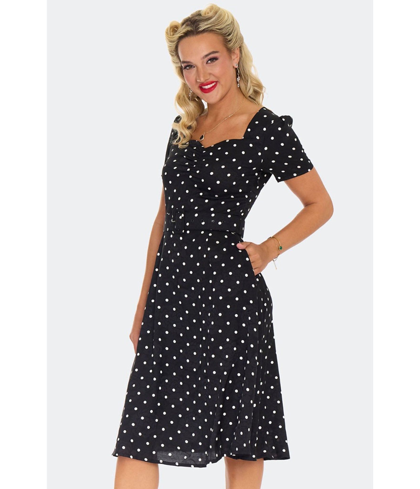 Voodoo Vixen Black Polka Dot Flare Dress - Unique Vintage - Womens, DRESSES, FIT AND FLARE
