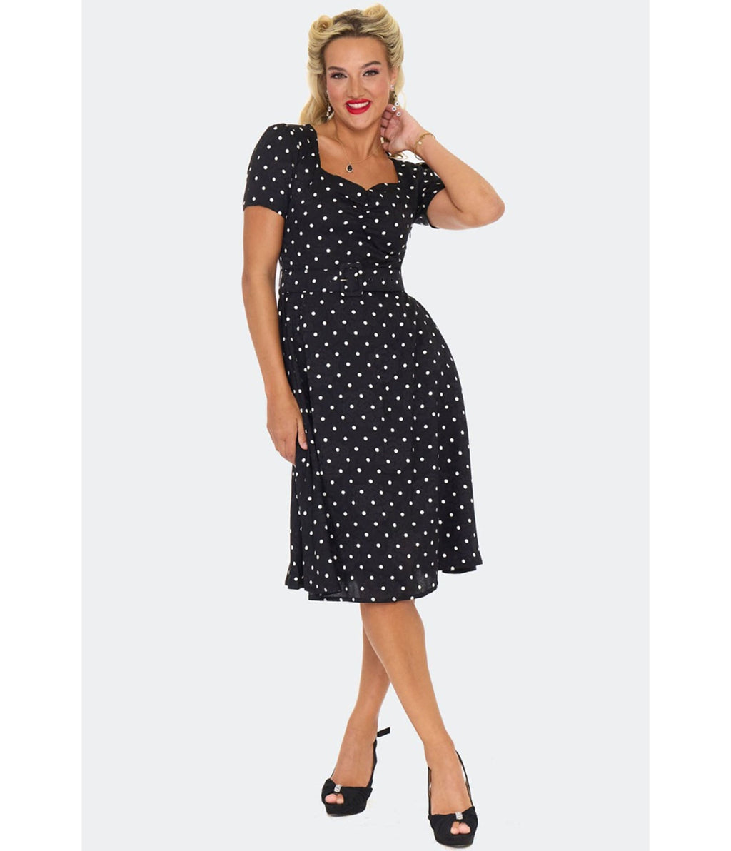 Voodoo Vixen Black Polka Dot Flare Dress - Unique Vintage - Womens, DRESSES, FIT AND FLARE