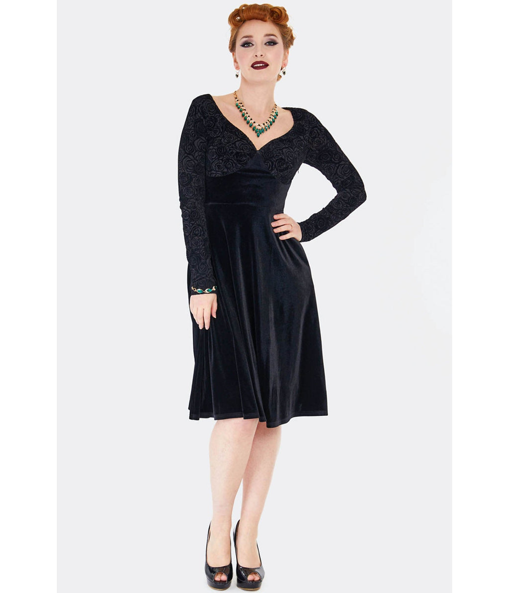Voodoo Vixen Black Rose Embossed Velvet Swing Dress - Unique Vintage - Womens, DRESSES, FIT AND FLARE