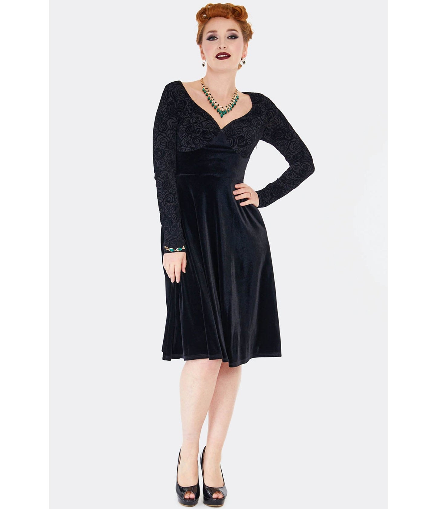 Voodoo Vixen Black Rose Embossed Velvet Swing Dress - Unique Vintage - Womens, DRESSES, FIT AND FLARE