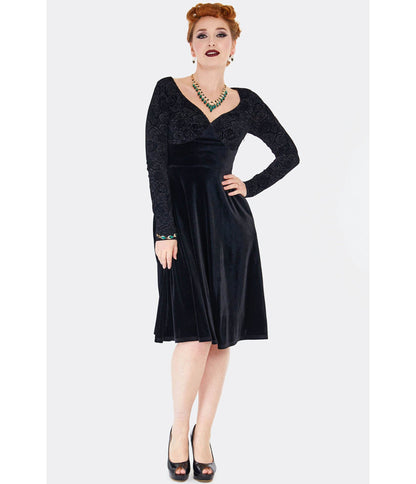 Voodoo Vixen Black Rose Embossed Velvet Swing Dress - Unique Vintage - Womens, DRESSES, FIT AND FLARE