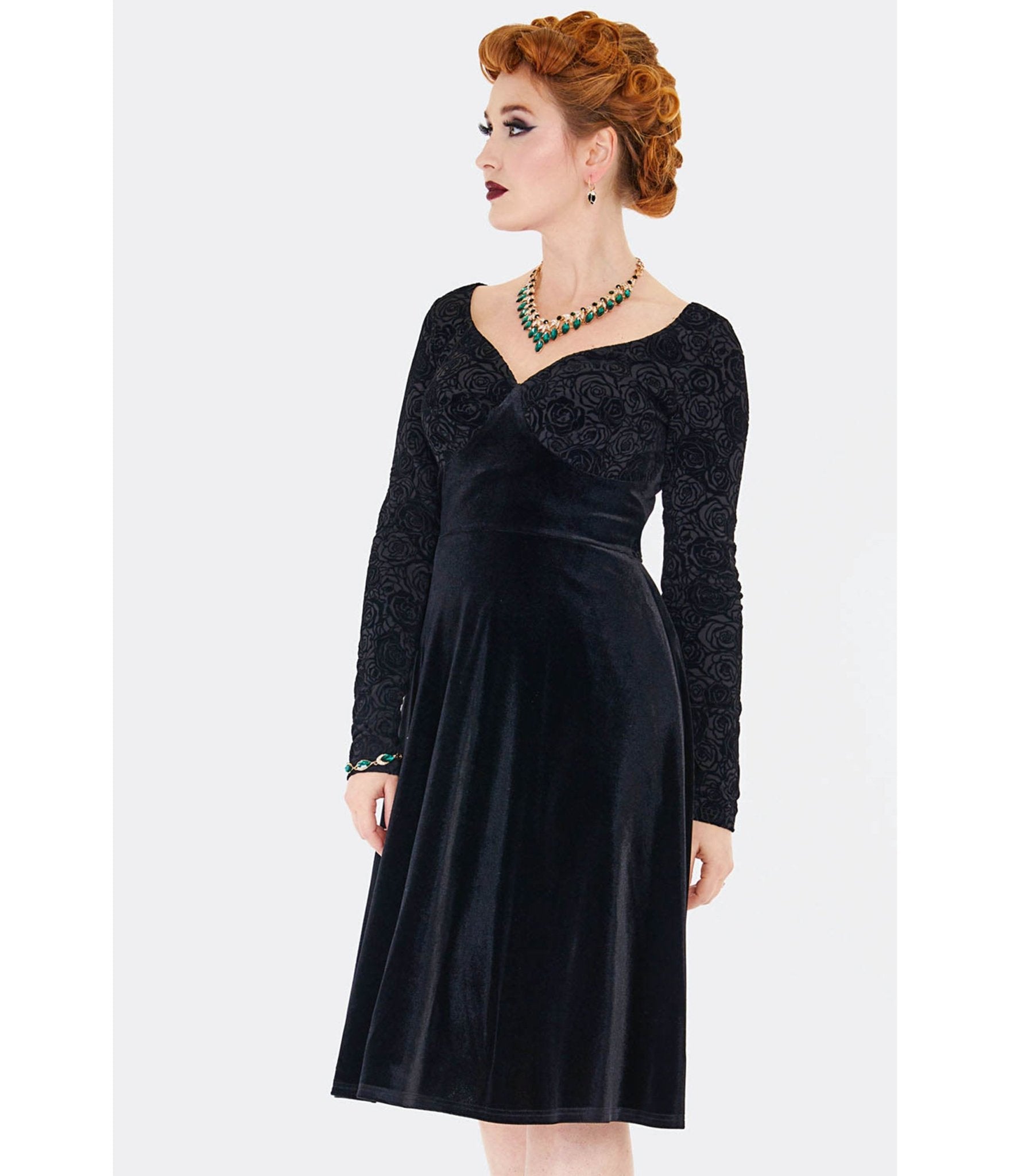 Voodoo Vixen Black Rose Embossed Velvet Swing Dress - Unique Vintage - Womens, DRESSES, FIT AND FLARE
