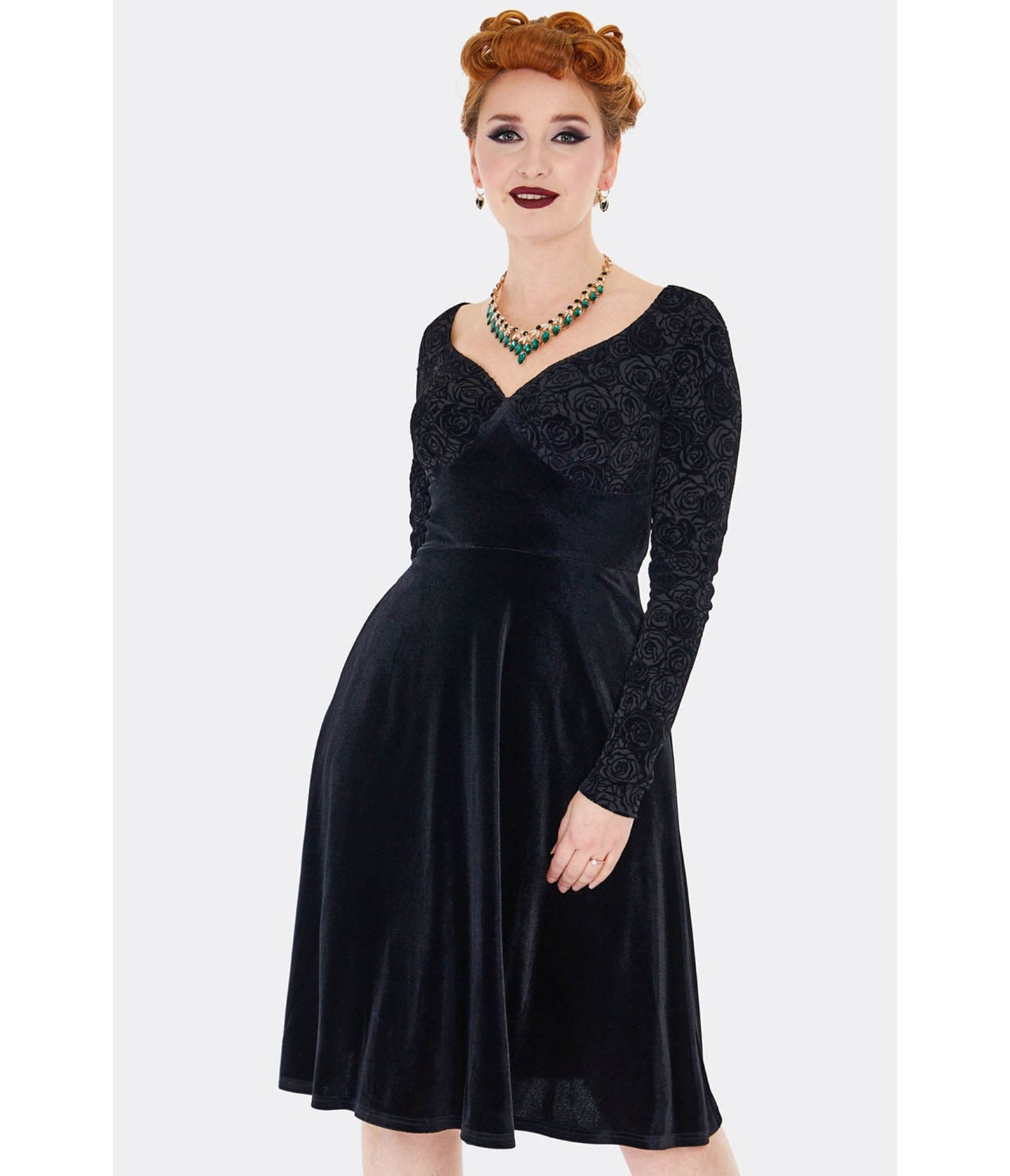 Voodoo Vixen Black Rose Embossed Velvet Swing Dress - Unique Vintage - Womens, DRESSES, FIT AND FLARE