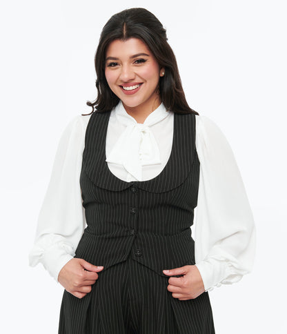 Voodoo Vixen Black & White Pinstripe Button Up Vest - Unique Vintage - Womens, TOPS, WOVEN TOPS